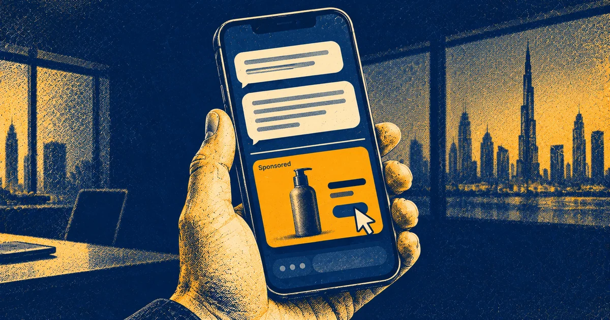 Navy and amber illustration of a phone showing a sponsored ad beneath AI chat responses, with Dubai's skyline behind it